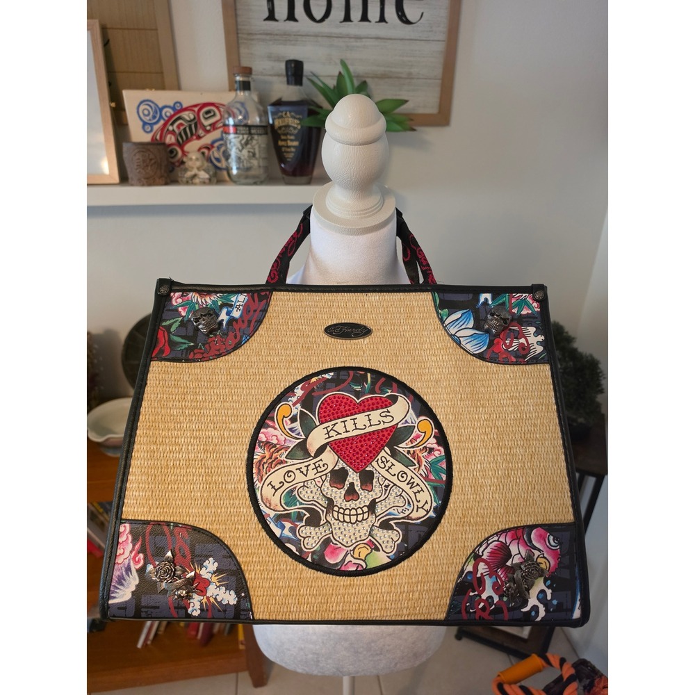 Ed Hardy Love Kills Slowly Straw Tattoo Tote Bag Skull Tiger Rhinestone Tan
